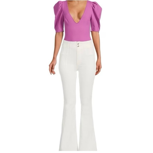 Free People Knit Deep V-Neck Short Ruched Puffed Sleeve Bodysuit Small - Picture 2 of 11